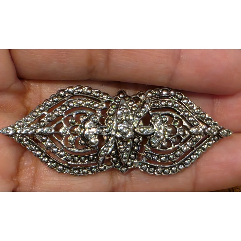 Vintage Sterling Silver Marcasite Brooch Pin Art Deco Filigree Navette 925